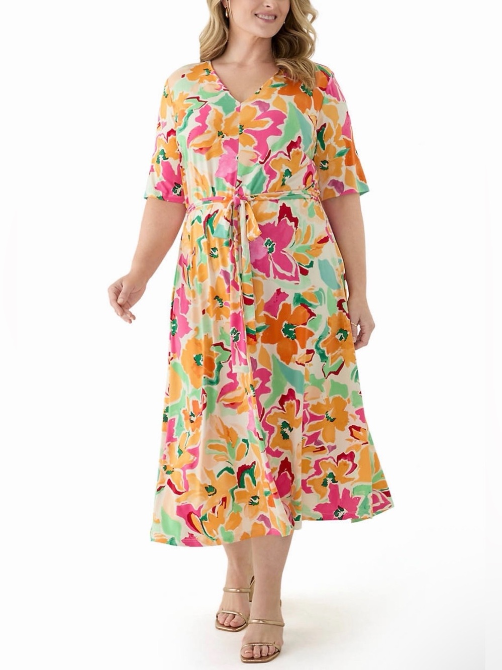 MSK Floral-Print Tie-Waist V-Neck Midi Dress, Size XL, NWT